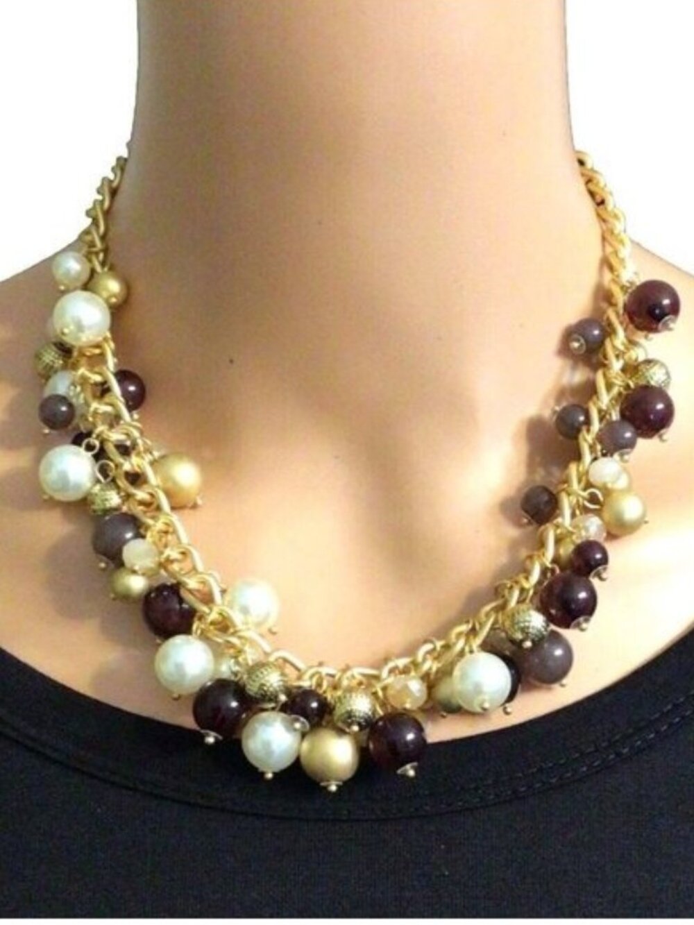 Beaded Statement Necklace Brown Gold Tone Cream Adustable Length Womens 18 Inch